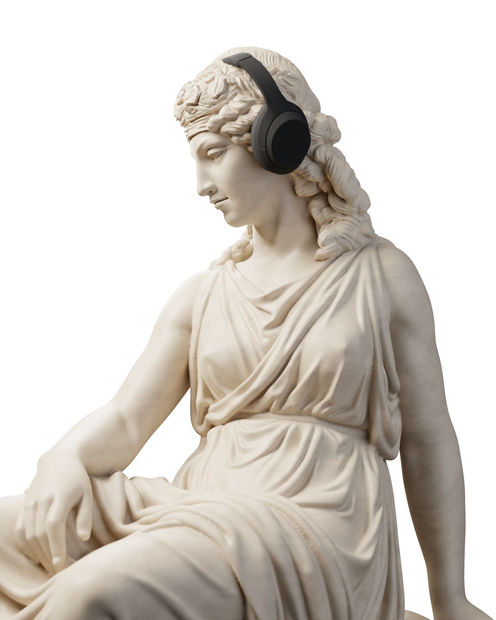Classical marble bust wearing modern headphones